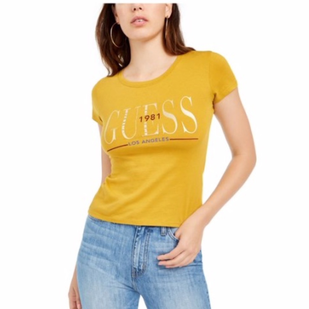GUESS Womens Gold Printed Short Sleeve Crew Neck T - Picture 1 of 1